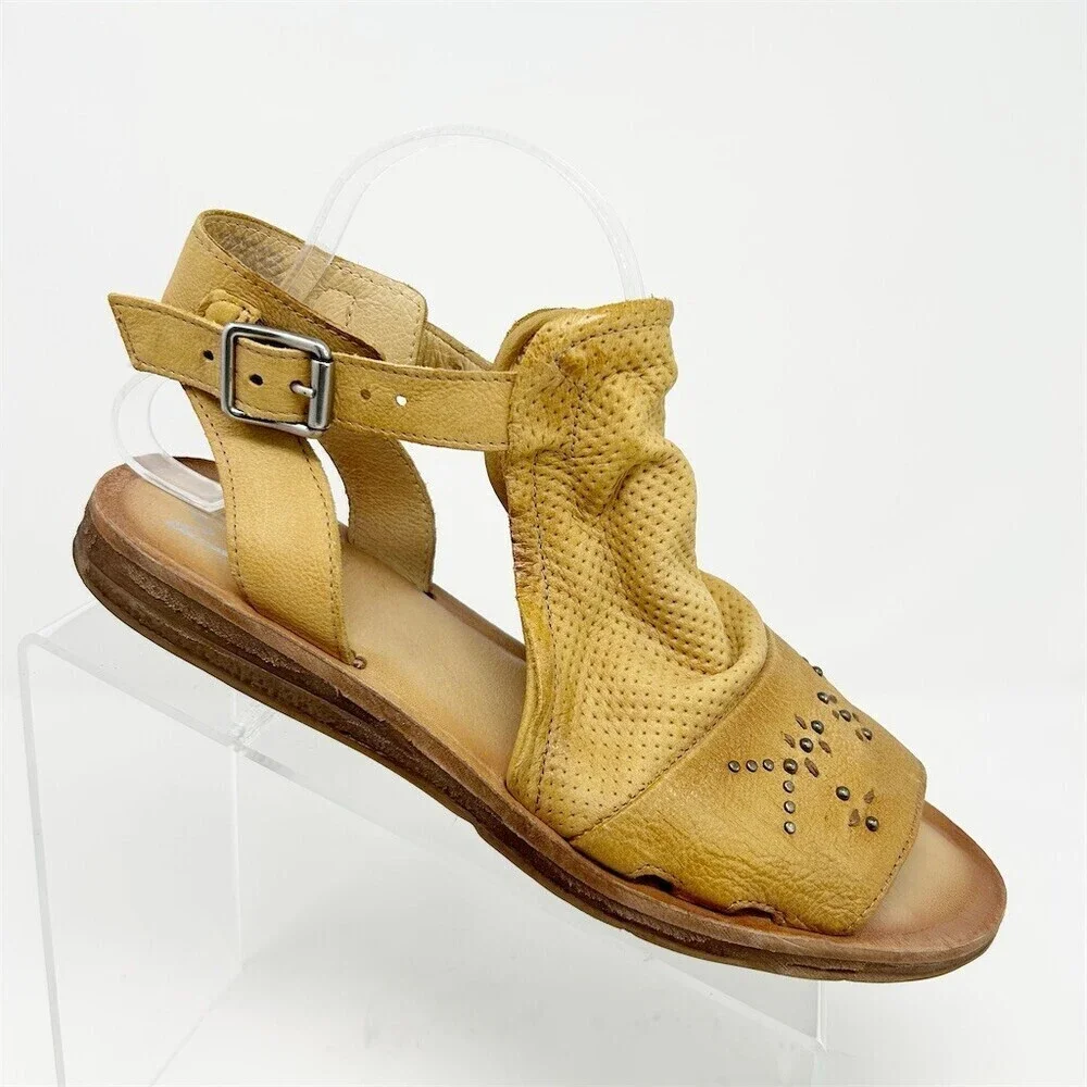 Miz Mooz Fifi Sandals Womens Yellow Studded Ankle Strap Open Toe Flat Size 40